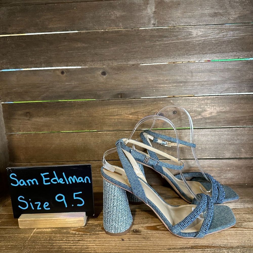New Womens Sam Edelman Kia Beads Blue Denim Block Heels Sandals Shoes Size 9.5 M